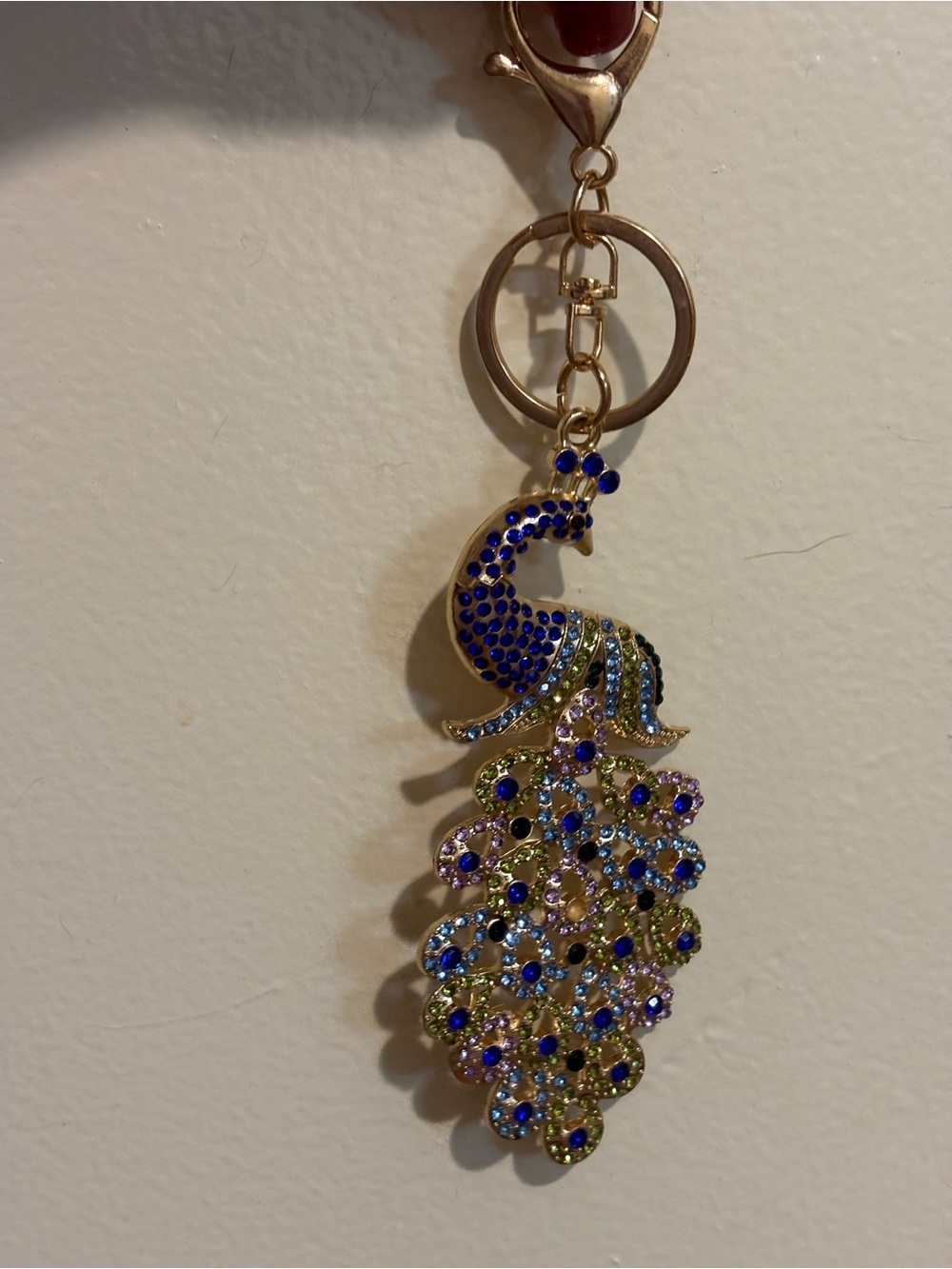 Gold-Tone Blue and Multicolor Peacock Pendant Keychain/Hang Tag